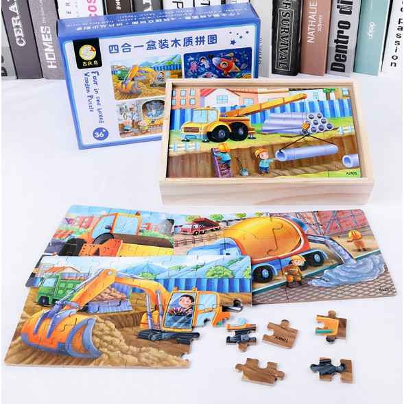 Đồ chơi ghép xếp hình 4 cấp độ  Puzzle 4 trong 1 gồm bộ 12, 24, 36, 48 miếng chi tiết trong 1 hộp gỗ cao cấp cho bé