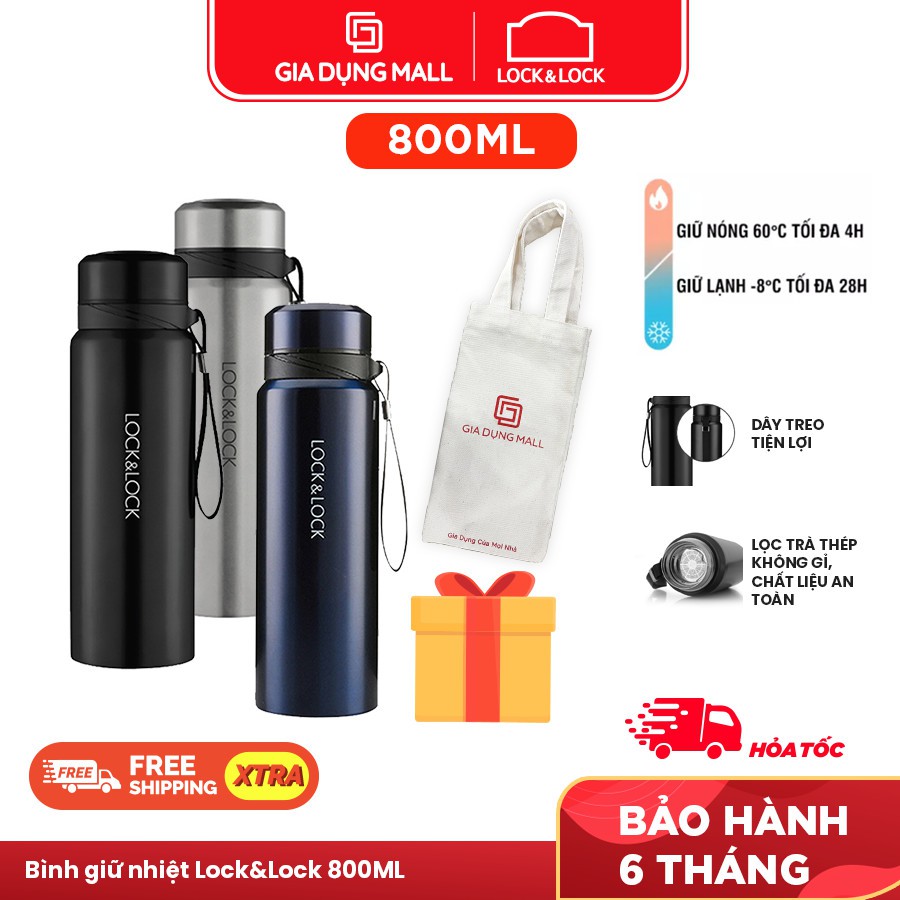 Bình Giữ Nhiệt Lock&Lock Thép Không Gỉ Vacuum Bottle LHC6180 (800ml) Chính hãng- Tặng túi vải