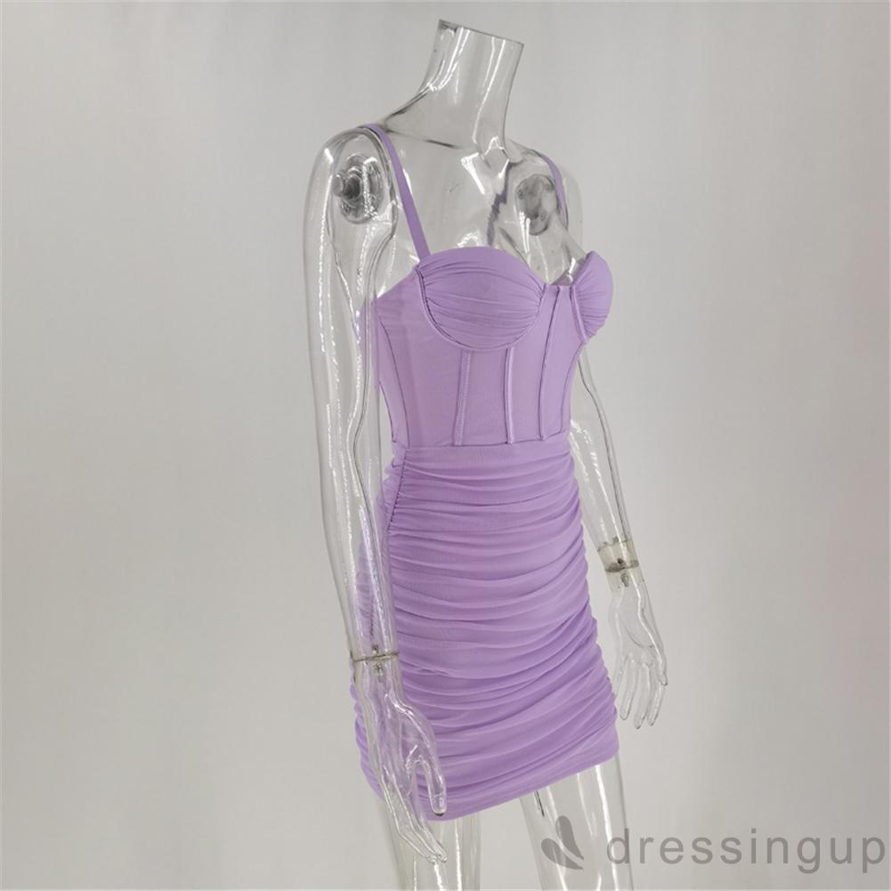 Đầm ngắn hở lưng phối lưới màu trơn thời trang cho nữ