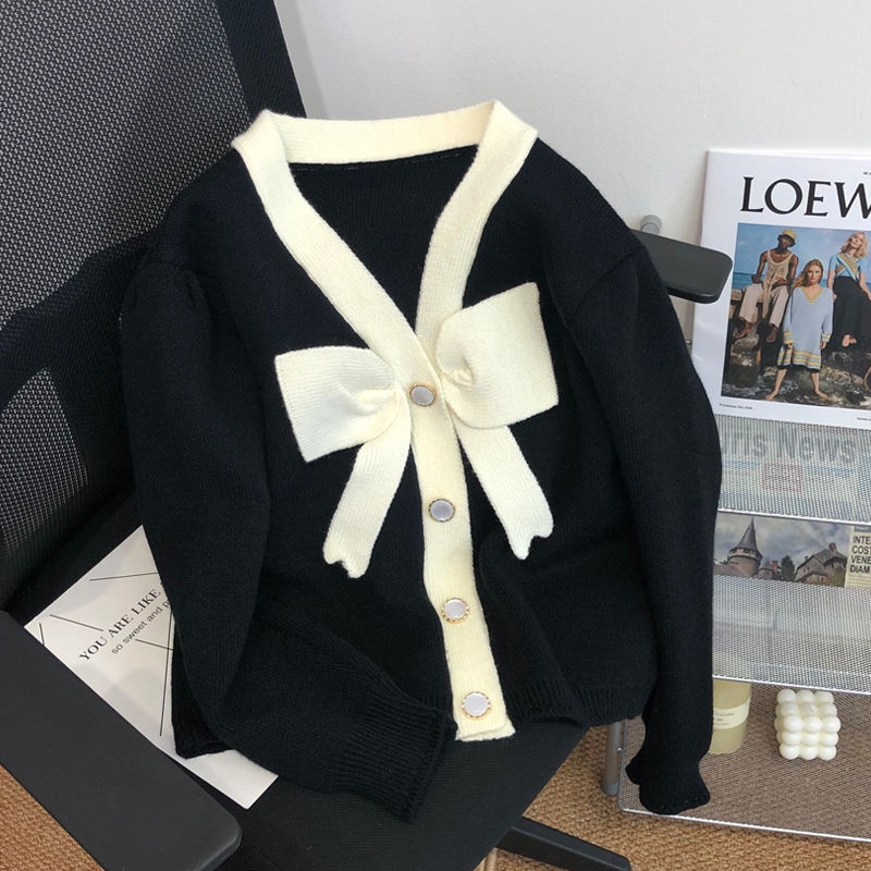Áo Khoác Cardigan Dệt Kim Dáng Ngắn Phối Nơ Nữ Tính