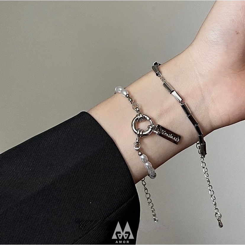 Vòng Tay Hai Mảnh Bằng Thép Không Gỉ Đính Hạt Ngọc Trai Thiết Kế Nhỏ Nhắn Đơn Giản Chất Lượng Cao