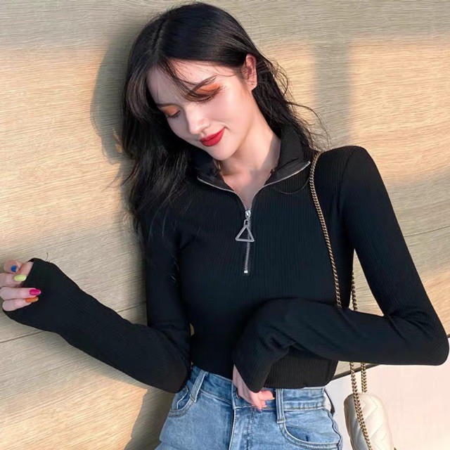 (Order) L-4XL Áo len cổ phối khoá zip tam giác