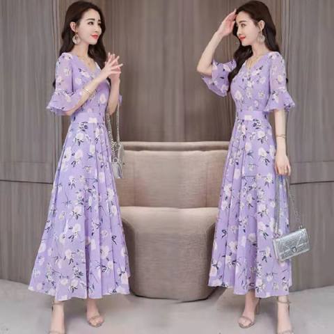 Đầm Dài Tay Ngắn Cổ Chữ V In Họa Tiết Hoa Nhí Xinh Xắn Thời Trang Cho Nữ