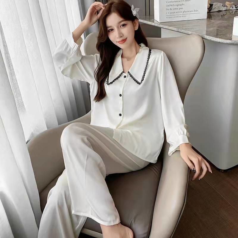 Bộ đồ ngủ cổ búp bê bằng lụa phối ren màu trơn thời trang mùa xuân dành cho nữ