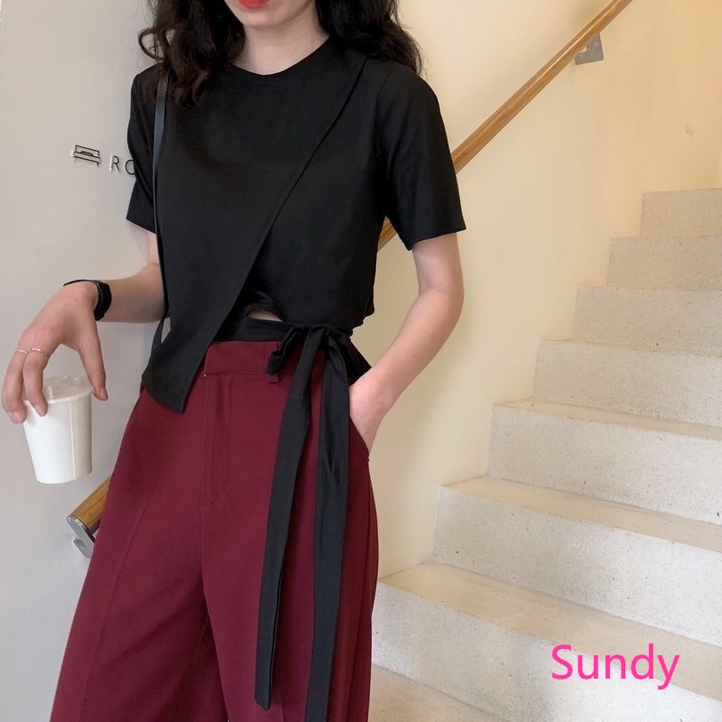 Áo thun thiết kế buộc dây lệch tà trẻ trung cho nữ