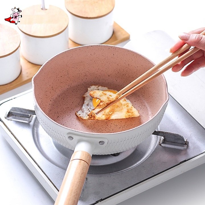 Chảo chống dính Ceramic đáy lòng sâu có tay cầm cán gỗ chống bỏng màu pastel lúa mạch