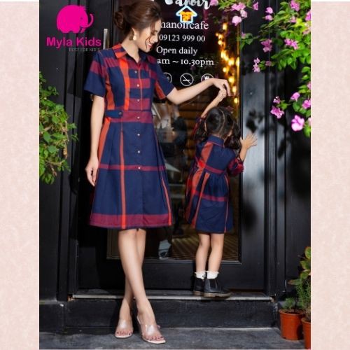 Đầm đôi mẹ và bé gái họa tiết kẻ bbr màu đỏ xanh thiết kế tay lửng cổ sơ mi chất liệu cotton nhật cao cấp Myla Kids