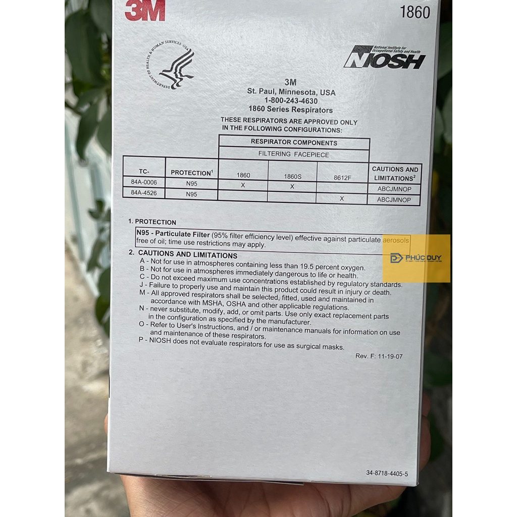 Hộp 20 cái Khẩu trang 3M 1860 chính hãng, đạt chuẩn FDA N95, đeo qua gáy, ngăn vi kh.uẩn, bụi mịn