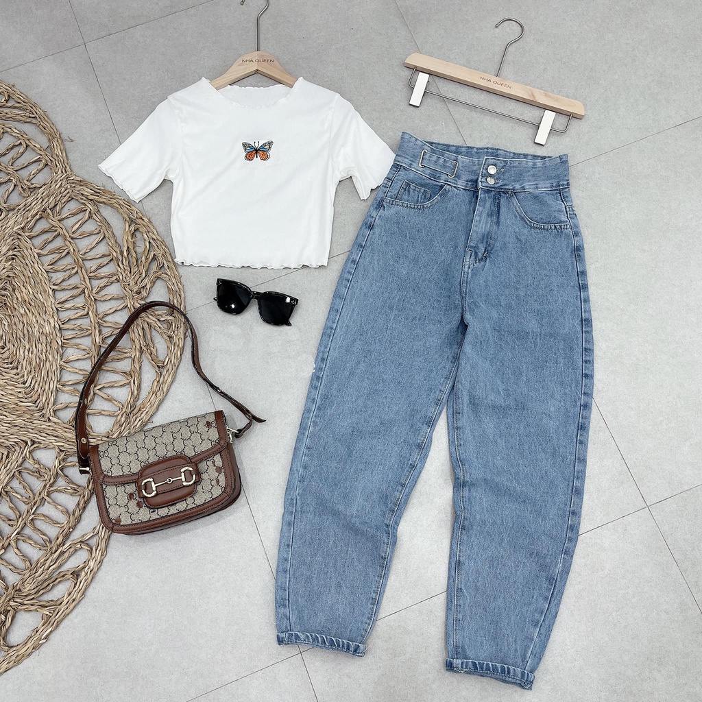 [ HINH THẬT ] QUẦN BAGGY JEAN NỮ 2 NÚT PHỐI DÂY KÈM 2 KHOEN DẸP LƯNG CAO MÀU XANH NHẠT LAI CUỐN CAO CẤP HADI SIÊU ĐỈNH
