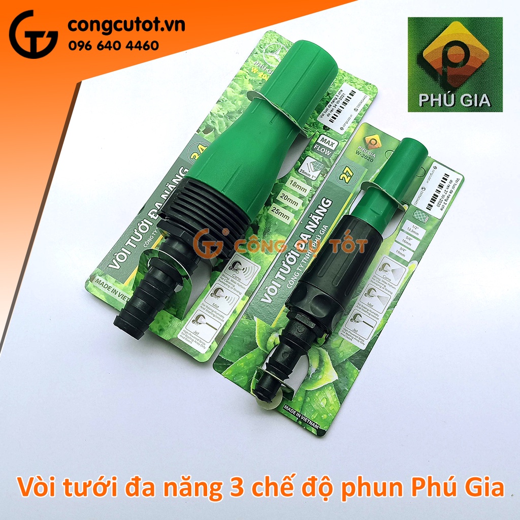 Vòi tưới đa năng 3 chế độ nhựa ABS ren trong 34mm hoặc 27mm Phú Gia W-2021