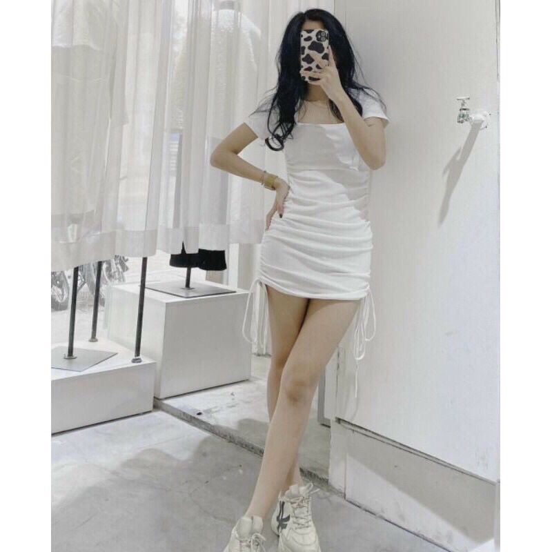 Đầm💕Váy nữ 💕 body ngắn tay cổ vuông rút eo siêu xinh hàng thiết kế by Chens