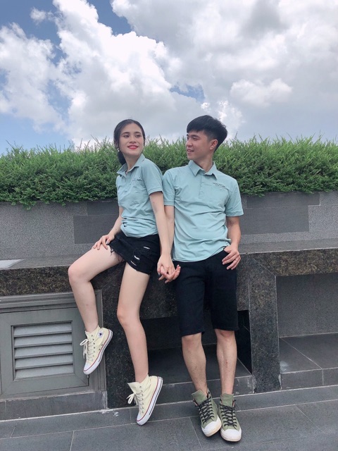 Áo Phông Đôi Nam Nữ Đẹp, Áo Thun Cặp Polo, Màu Xanh, Chất Thun Cotton 100% Co Giãn 4 Chiều - Hàng Cao Cấp
