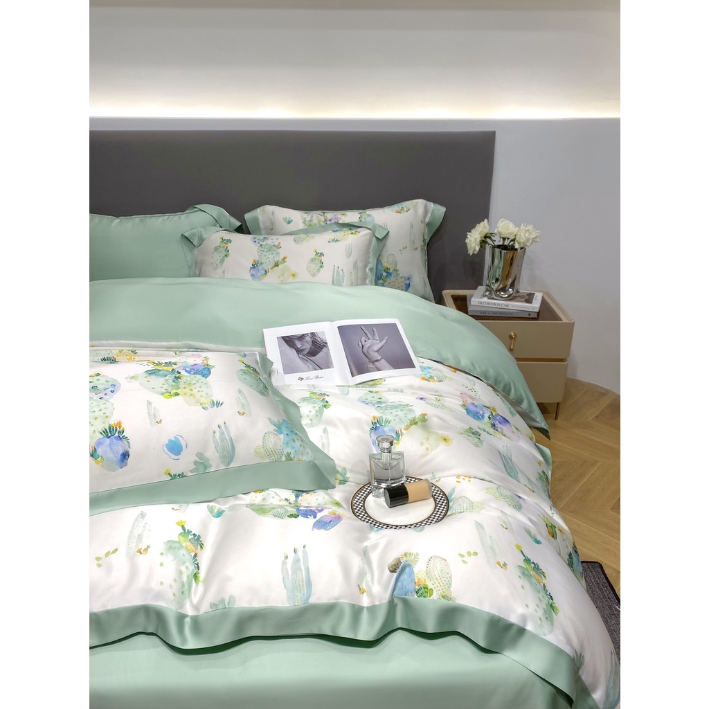 Bộ chăn ga gối 5 món 100%Tencel 60s, họa tiết Cây xương rồng màu sắc tươi sáng và sang trọng, chất liệu mềm mịn mát