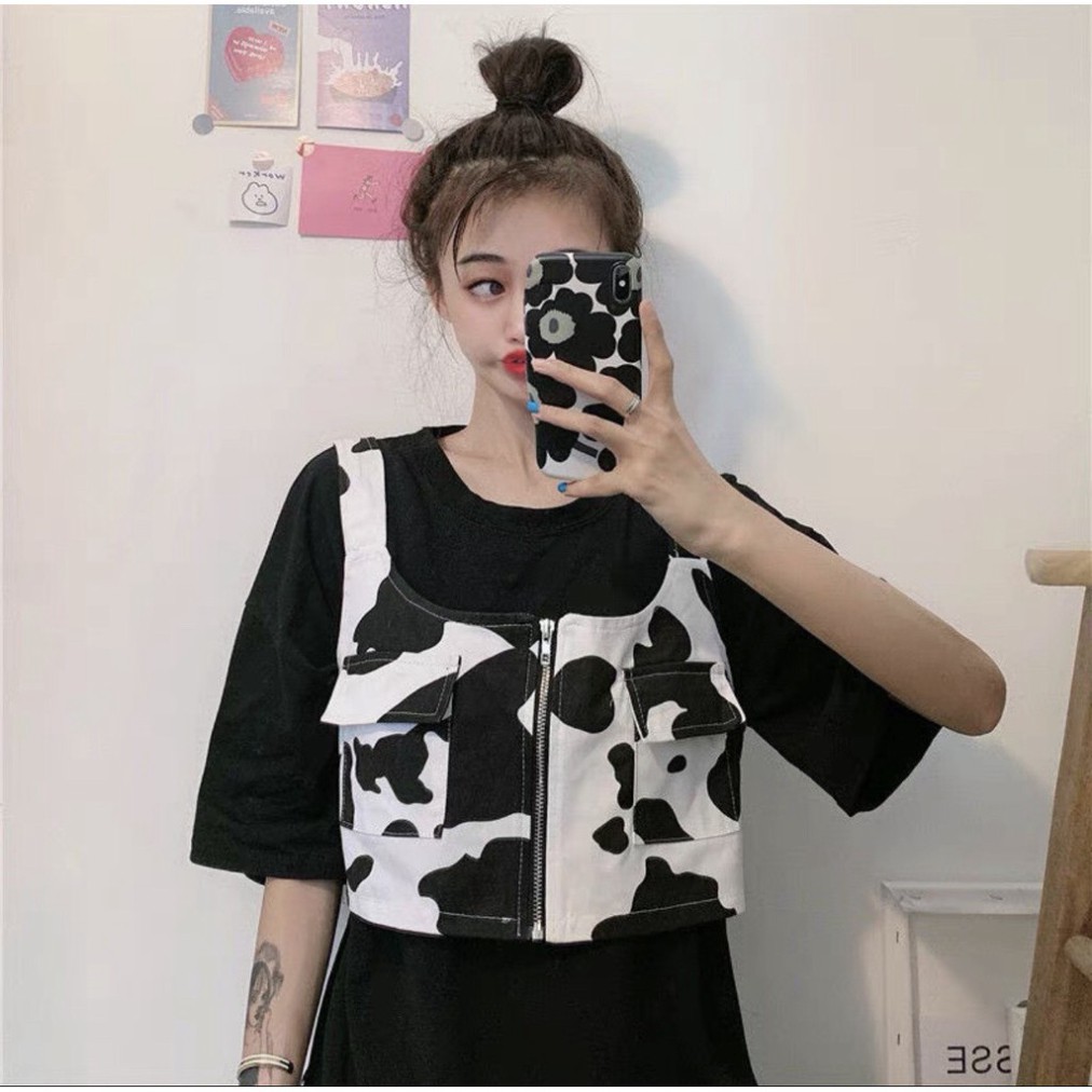 ÁO CROPTOP GILE DÁNG BA LỖ HỌA TIẾT BÒ SỮA KHÓA KÉO ULZZANG - Áo khoác gile ...