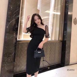 Đầm body lệch vai phối lưới