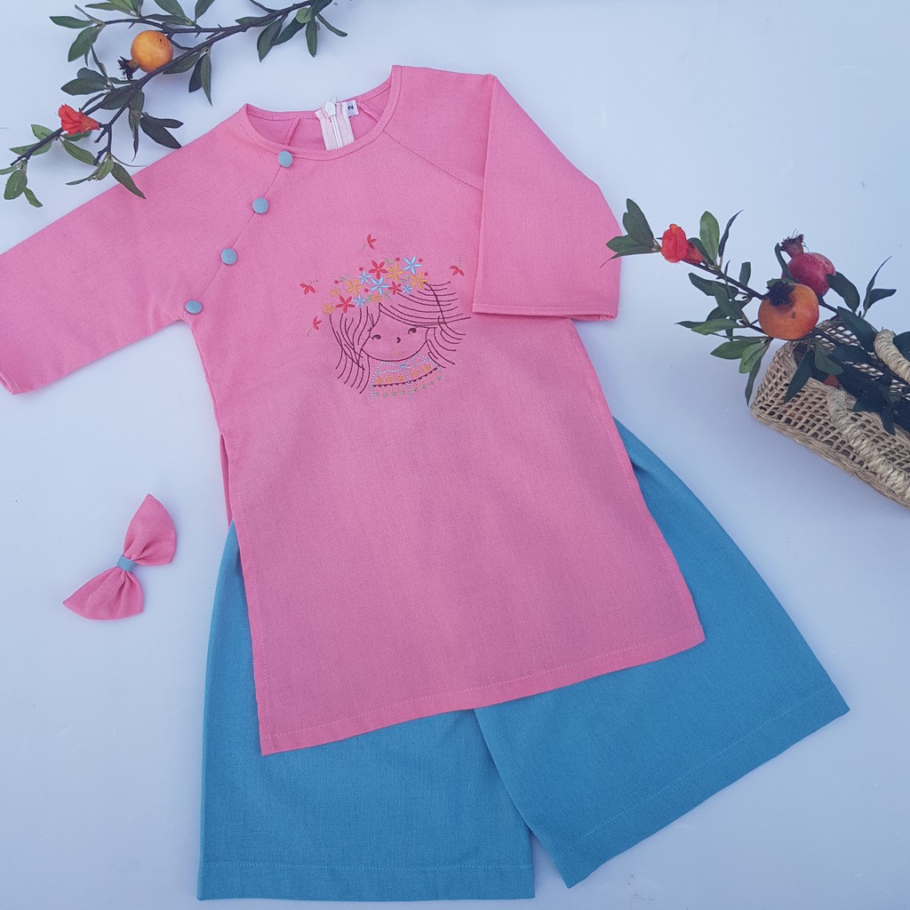 Áo Dài Trẻ Em Linen Hồng Thêu Phối Xanh Nhạt