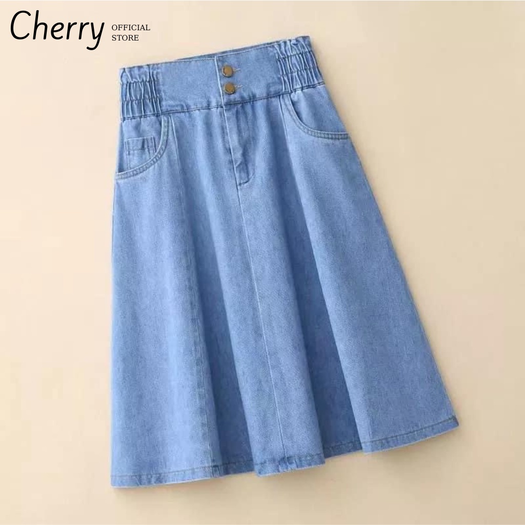 Chân váy jean chữ A cao cấp 2 cúc có túi trước cạp có chun, váy bò nữ siêu xinh CHERRY T057