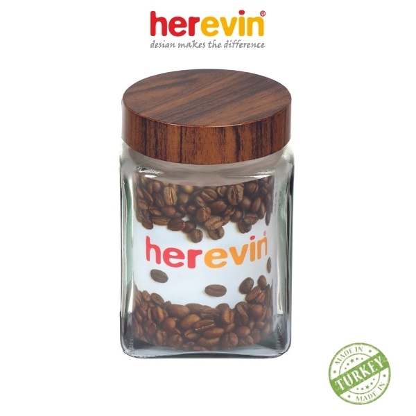 Bộ 2 Hũ Thuỷ Tinh Herevin Vuông Nắp woody 2L - HEHU231016-205