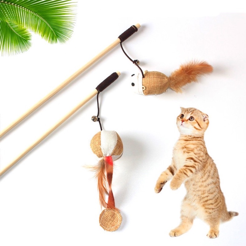 Cần câu lông vũ trêu mèo kèm lục lạc - cần câu mèo dây thép cong đồ chơi cho mèo