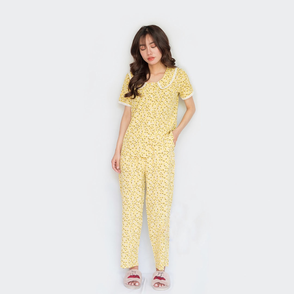 Đồ bộ nữ đẹp mặc nhà lụa cao cấp họa tiết hoa lá dễ thương size dưới 70kg