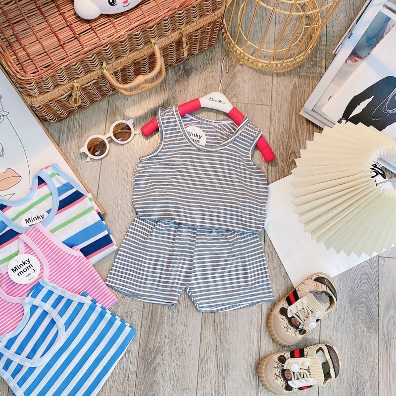 Bộ cotton 3 lỗ kẻ bé trai, bé gái chất cotton lạnh có giãn 4 chiều