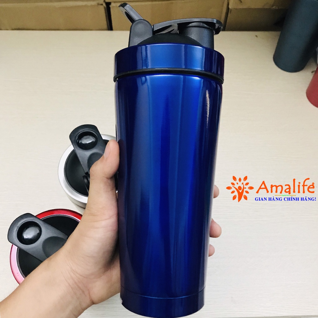 [Màu Xanh Dương] Bình Lắc Đựng Nước Shaker Inox 800ml – Tập Gym Thể Thao Chính Hãng Amalife – Kèm Bóng Lò Xo Lắc