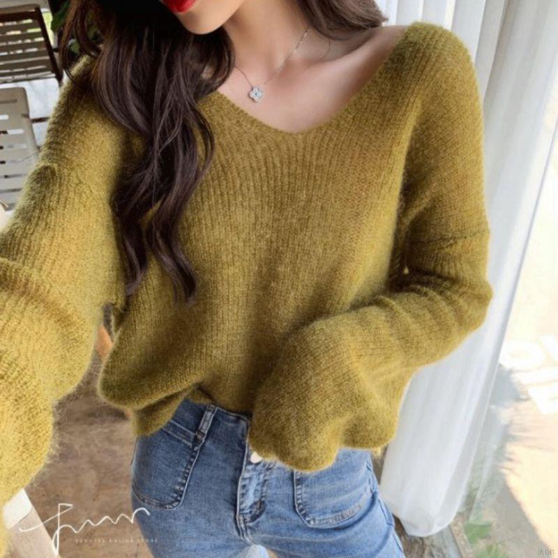 Áo sweater dệt kim cổ chữ V dáng rộng tay dài màu trơn ngọt ngào thời trang dành cho nữ
