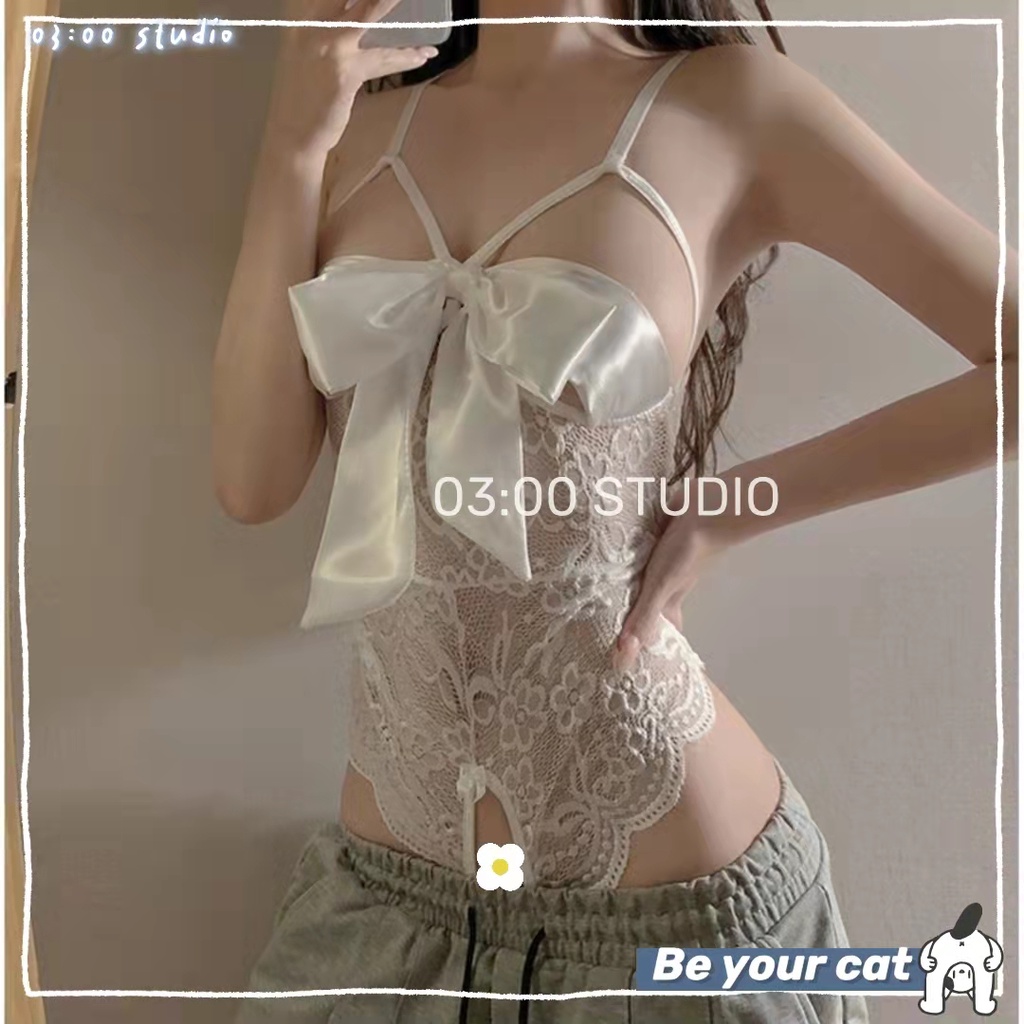 （Giao hàng bảo mật）💝Đồ ngủ sexy💝2 dây Bodysuit ren phối nơ ngực, váy ngủ jum xẻ đáy gợi cảm---008 | BigBuy360 - bigbuy360.vn