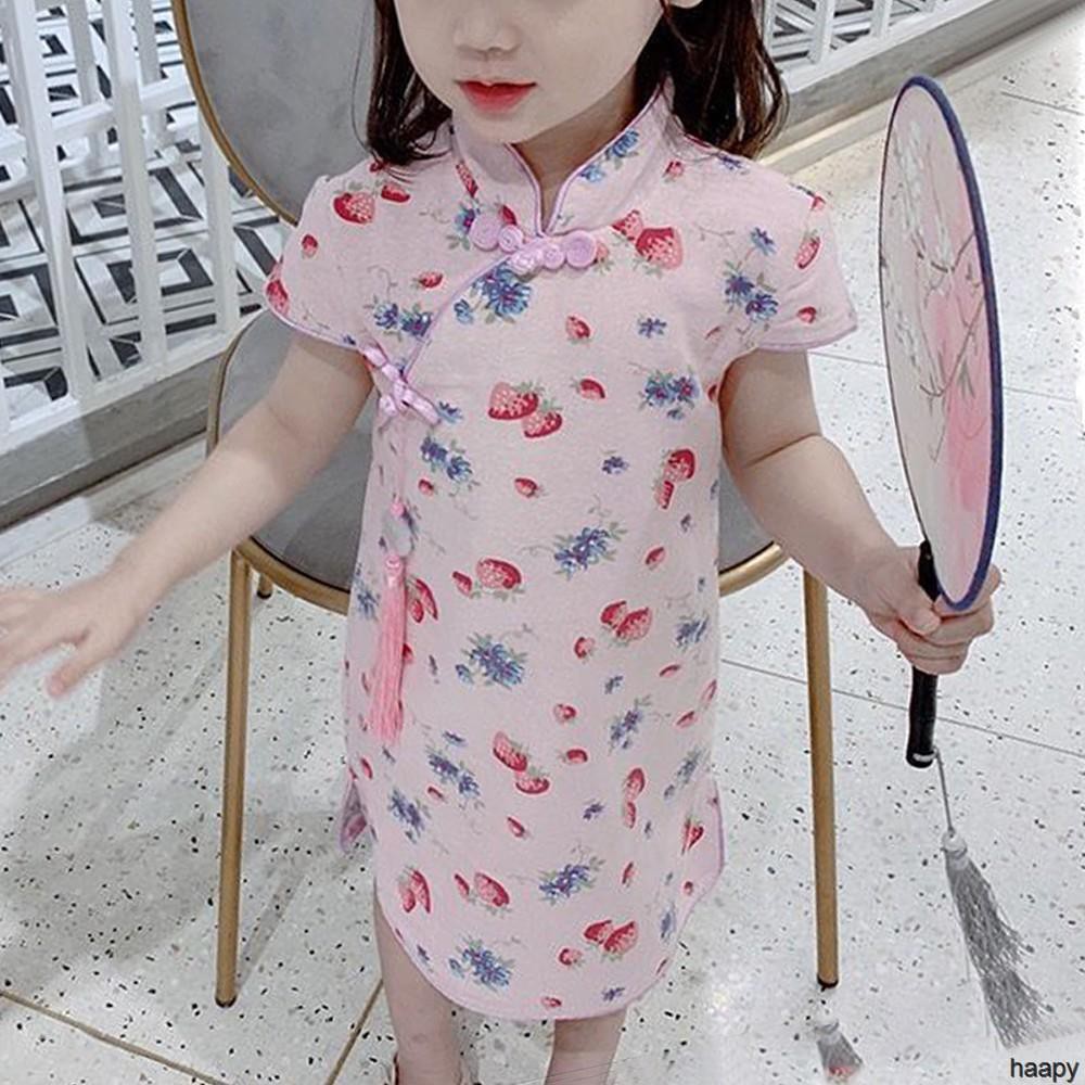 Đầm Sườn Xám In Hoa Phối Ren Cho Bé Gái Mới
