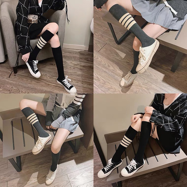 Tất đến gối người lớn chất len mịn cotton 3 màu kẻ sọc 1 bên