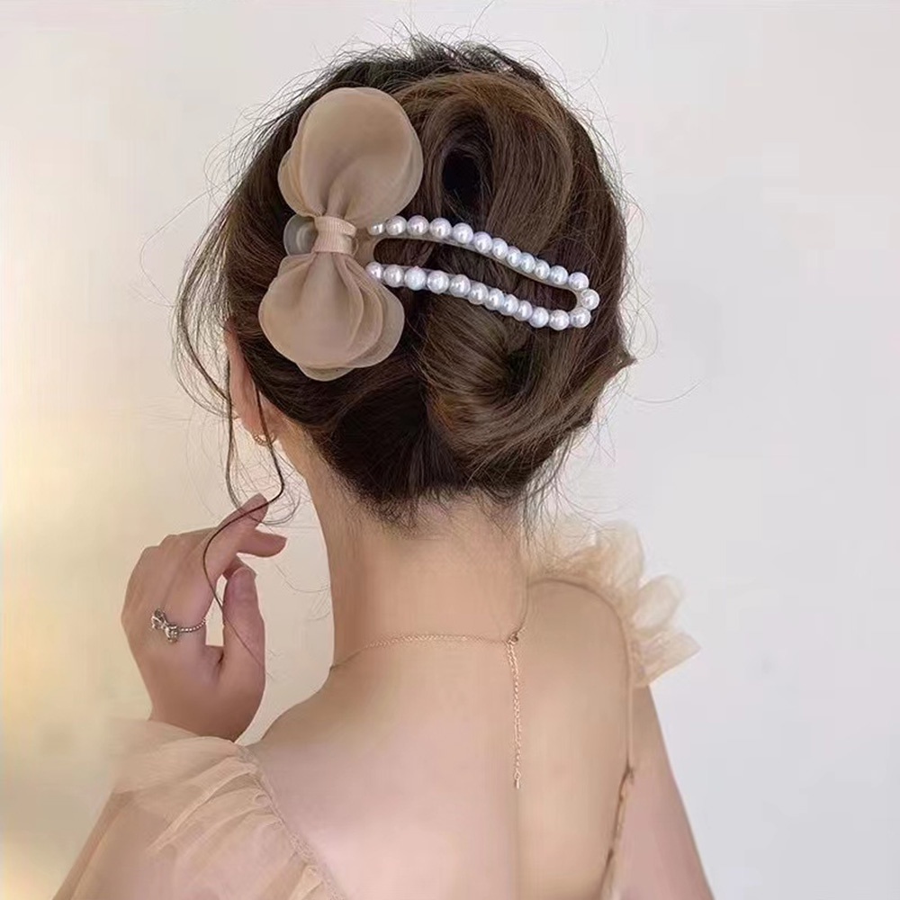 1 Kẹp Tóc Hình Nơ Lưới Đính Ngọc Trai Thanh Lịch Cho Nữ