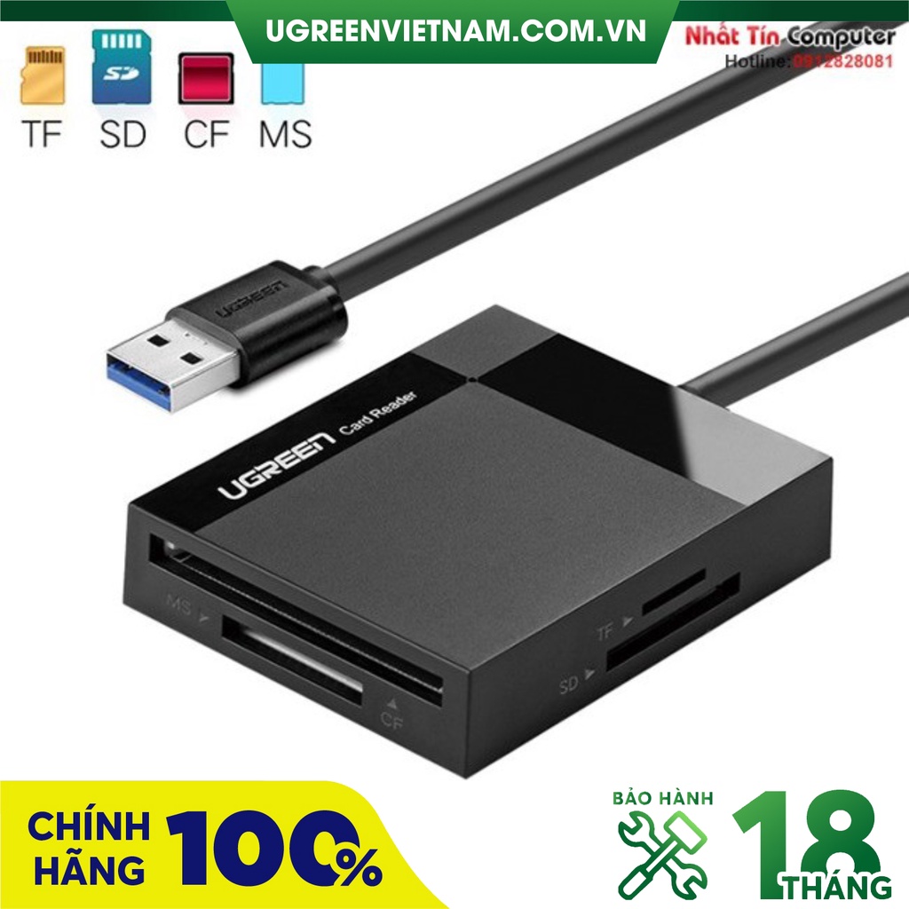 Đầu đọc thẻ nhớ USB 3.0 4 trong 1 SD, TF, CF, MS Ugreen 30229 chính hãng