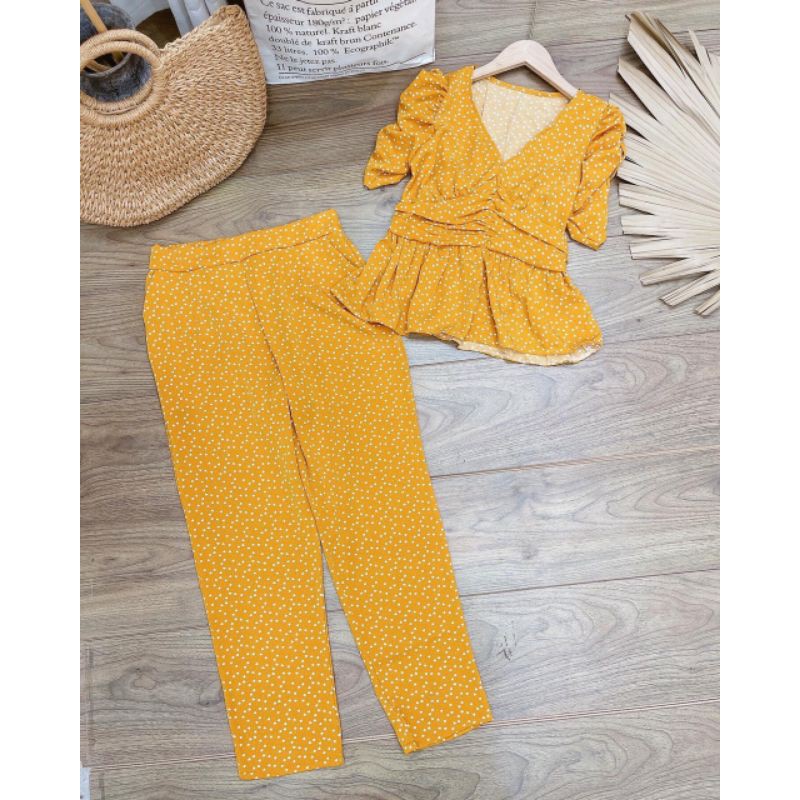 Set bộ hình trái tim cổ tim tay nhún eo xếp li nhún quần dài ống suông đứng bigsize 40-72kg