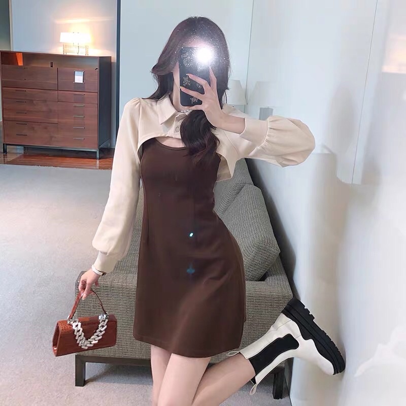 [Ảnh độc quyền] Sét váy áo cổ sơ mi cài cúc mix đầm 2 dây nữ dáng chữ A phong cách Hàn quốc | BigBuy360 - bigbuy360.vn