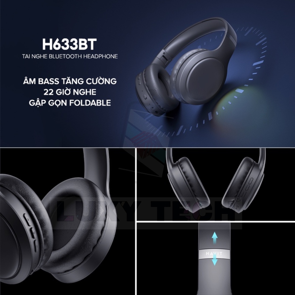 Tai Nghe Headphone Bluetooth HAVIT H633BT, Công Thái Học, Led RGB, Nghe Đến 22H - Chính Hãng BH 12 Tháng