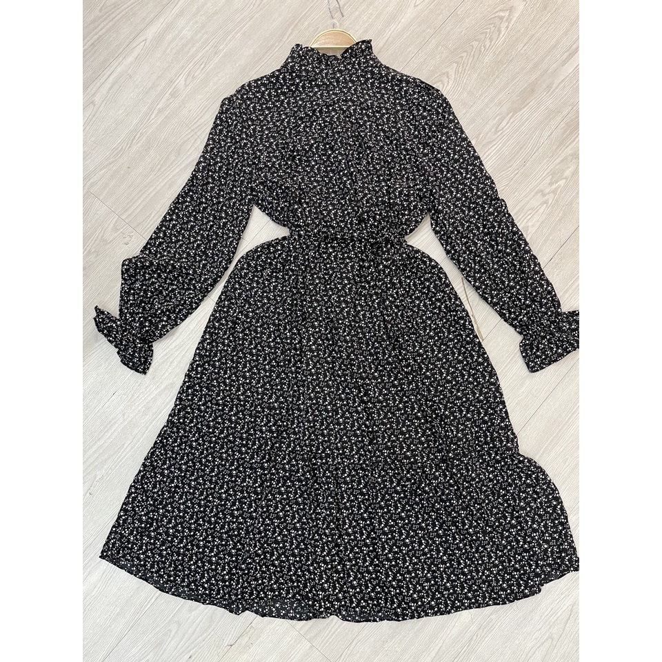 Váy Hoa Nhí Vintage Dáng Suông Thắt Đai Eo Đầm Hoa Tay Bồng Nữ Tính