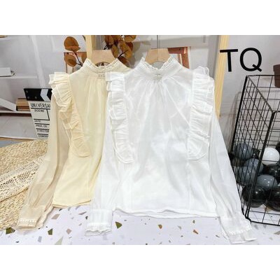 Áo sơ mi cổ trụ bèo lụa óng tay nhún bo
