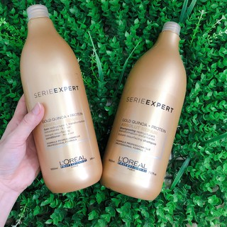 Cặp dầu gội và dầu xả phục hồi tóc hư tổn Loreal Serie Expert Gold Quinoa + Protein Absolut Repair 1500ml