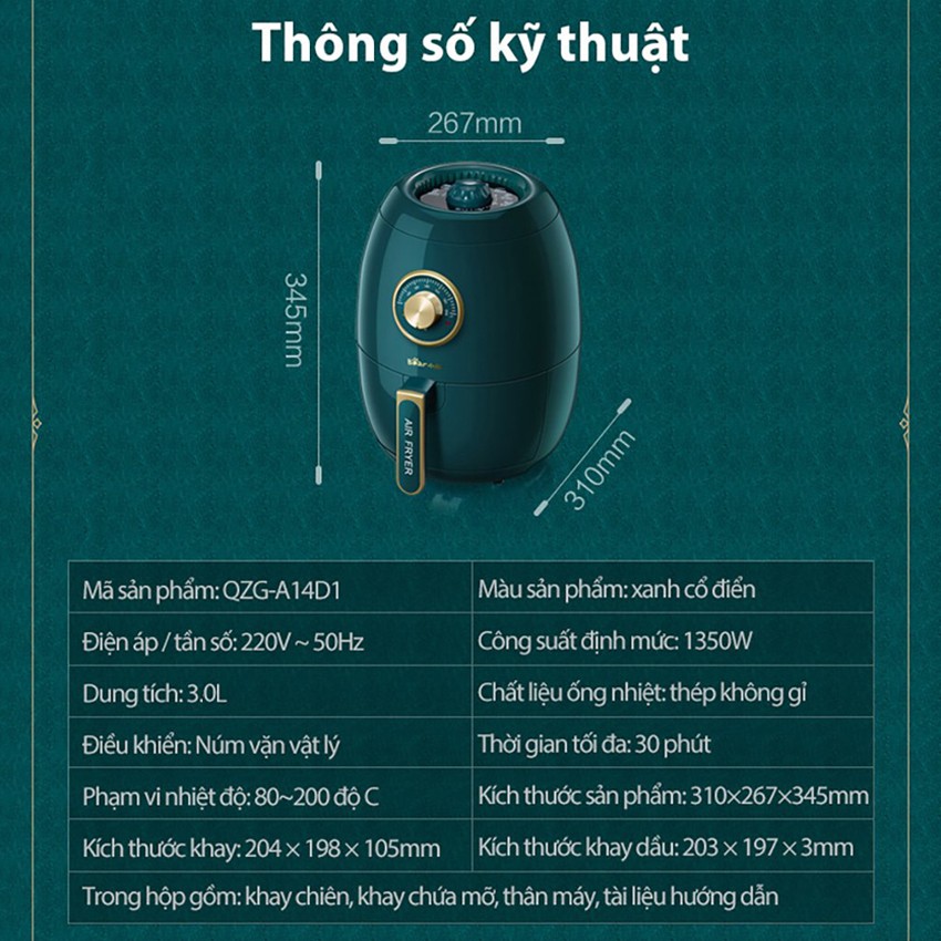 Nồi chiên không dầu Bear dung tích 3L và 5L, nồi chiên đa năng chống dính, truyền nhiệt 360 độ - (Bảo hành 18 tháng)