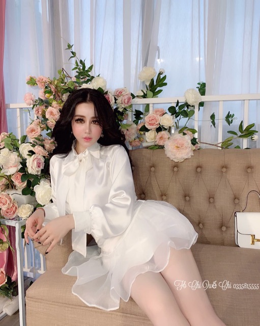 Set sơ mi cổ thắt nơ + chân váy voan kính siêu xinhhhhhh