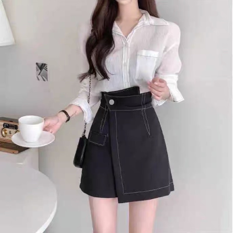 Chân váy chữ A -quần giả váy thiết kế cực xinh - đính cúc - cạp lệch - may lộ chỉ chất liệu đẹp | BigBuy360 - bigbuy360.vn