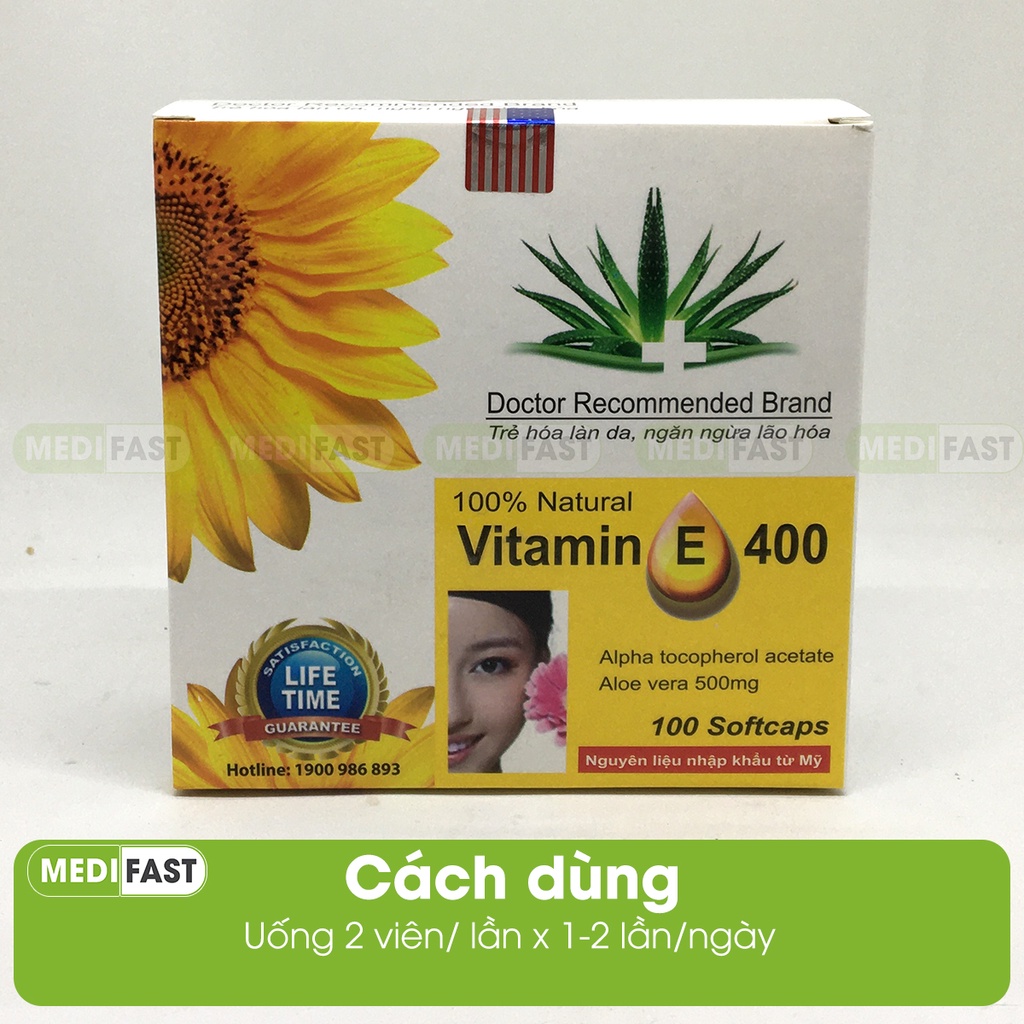 Viên uống Vitamin E 400 Giúp làm đẹp da, giảm lão hóa - Hộp 100 viên.