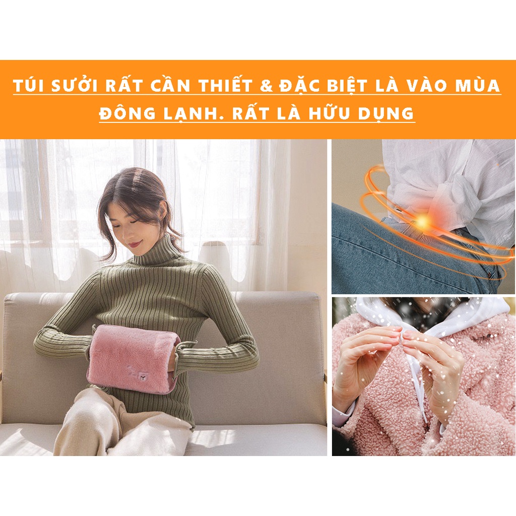 Túi Sưởi, Túi Chườm Nóng Điện Giảm Đau Bụng Kinh - Sưởi Ấm Chân Tay, Kèm Dây Sạc Và Phễu Rót Nước Tiện Lợi