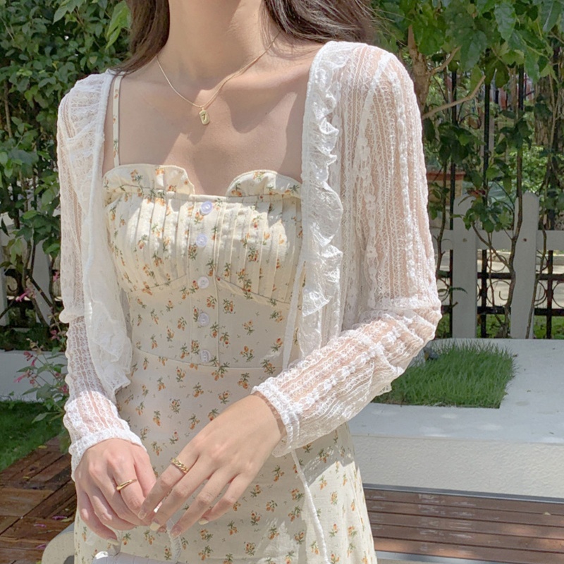 Áo Khoác Cardigan Ren Lưới Tay Dài Thắt Nút Trước Họa Tiết Kẻ Sọc Thời Trang Mùa Hè Cho Nữ