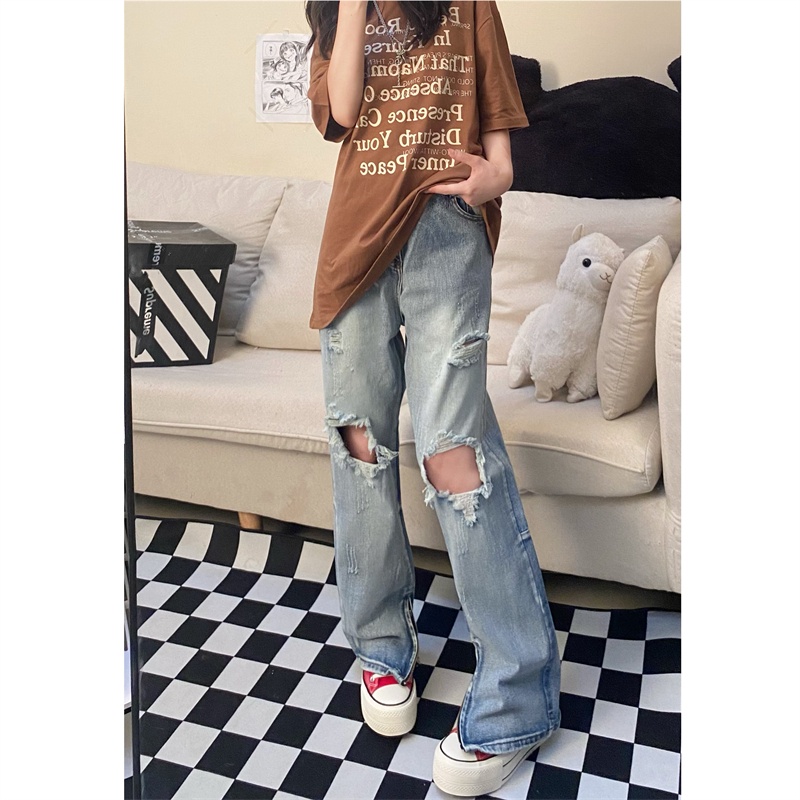 Quần jeans Nữ Dài Lưng Cao Mài Rách Thời Trang Hàn