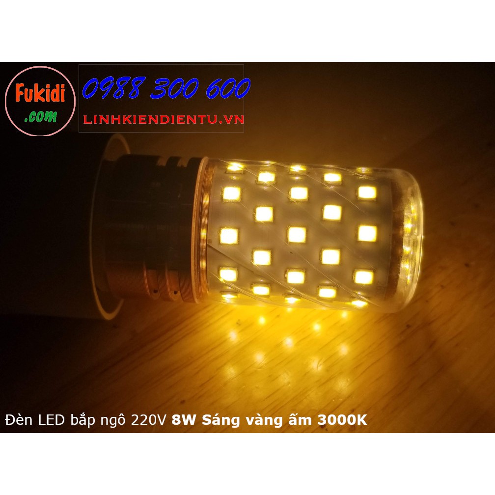 Đèn LED chiếu sáng dạng bắp ngô 220V 8W, màu vàng ấm 3000K trung tính 4000K hoặc trắng mát 6000K, đui vặn E27