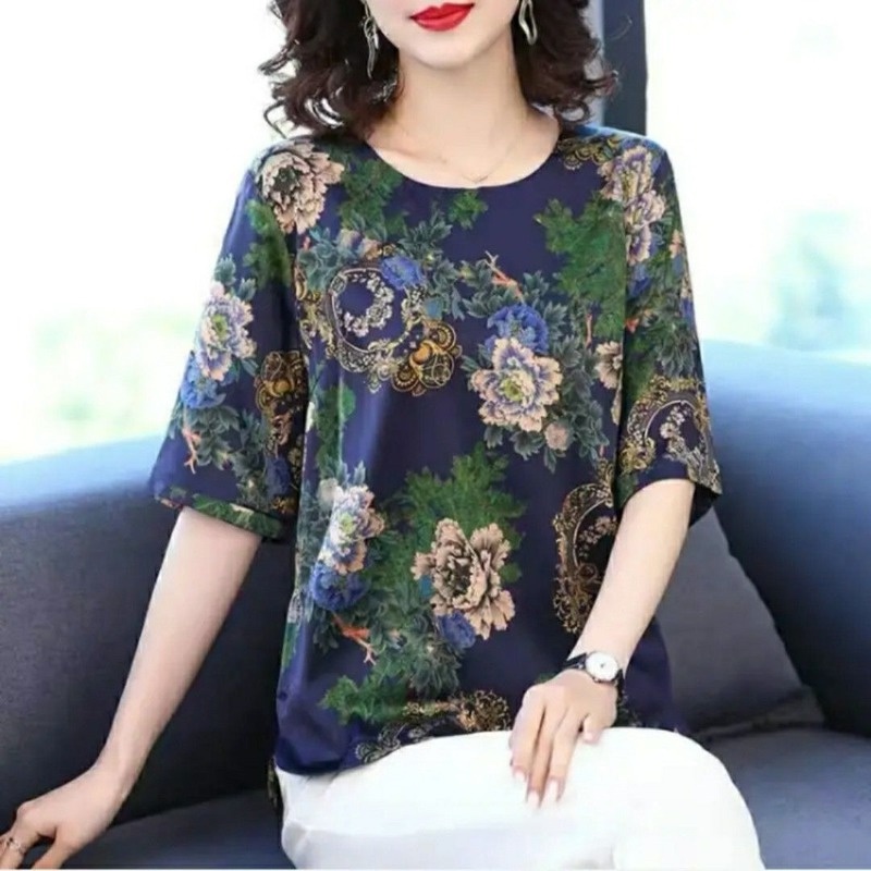 Áo Kiểu Tay Ngắn Dáng Rộng Chất Liệu Lụa Lạnh Thời Trang Mùa Hè Hàng Mới Cho Phụ Nữ Trung Niên 2022
