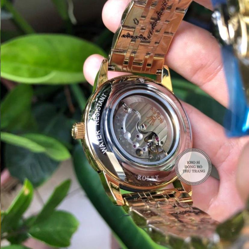 Đồng hồ Nam Rolex máy nhật, mẫu 3kim cắt vát mặt đen viền vàng dây da, dòng cơ Automatic size 40mm-41mm