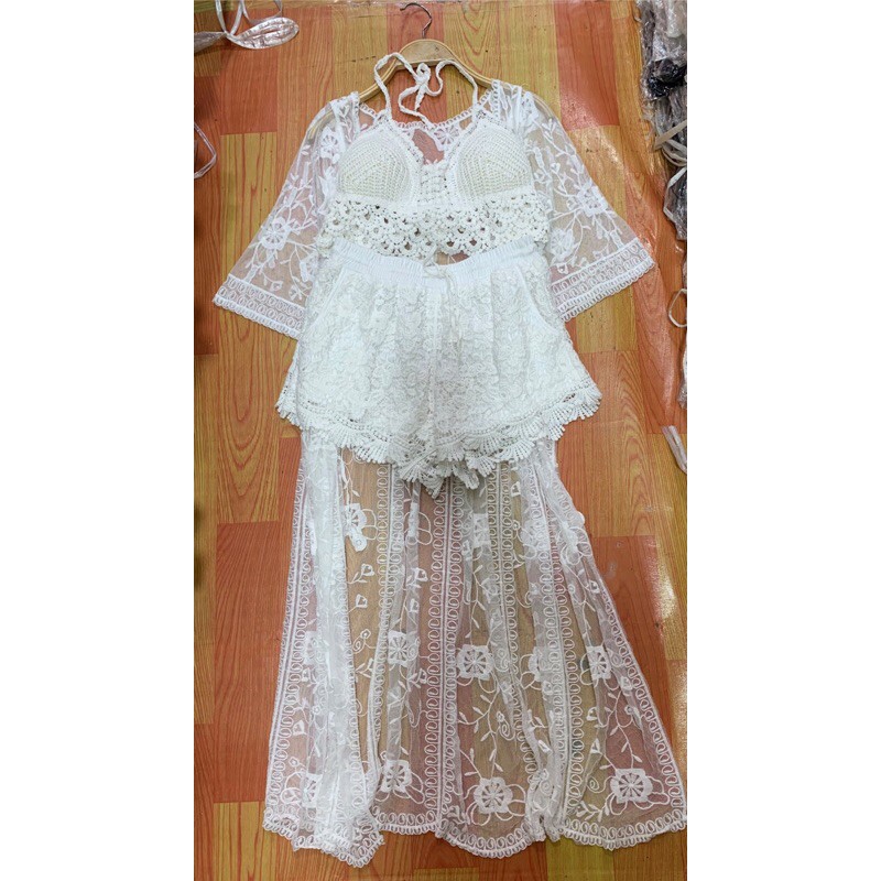 Set biển - set 3 món - bra vây cá + quần ren hoa đều + choàng ren dài ~120cm (có tách rời)