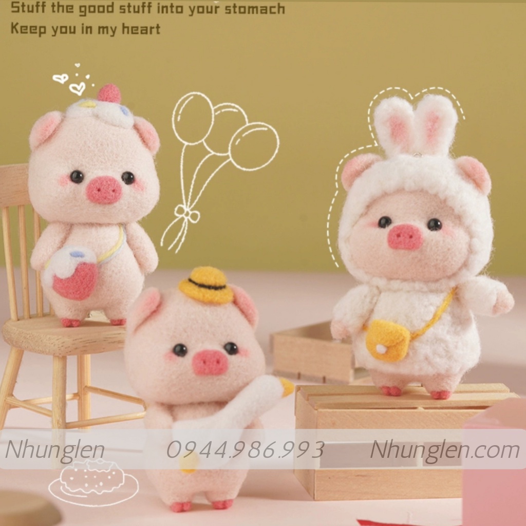 Bộ kit len chọc Gia Đình Heo Dễ Thương làm quà DIY, móc khoá từ handmade, có hướng dẫn - Needle felting Pig Familyđồ